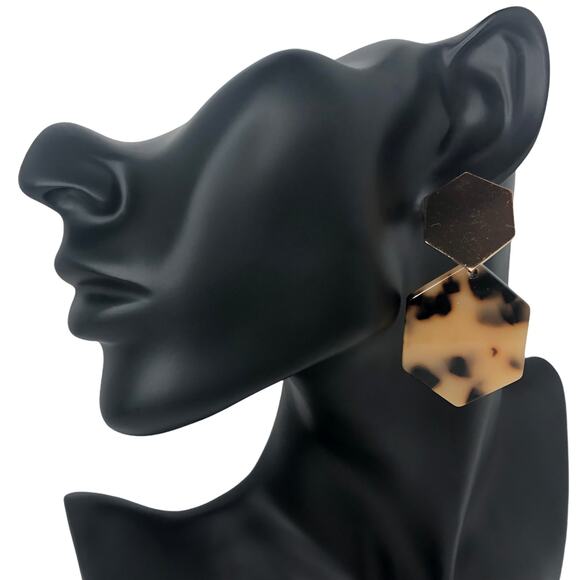 Tan and Brown Geometric Drop Earrings - Picture 2 of 4